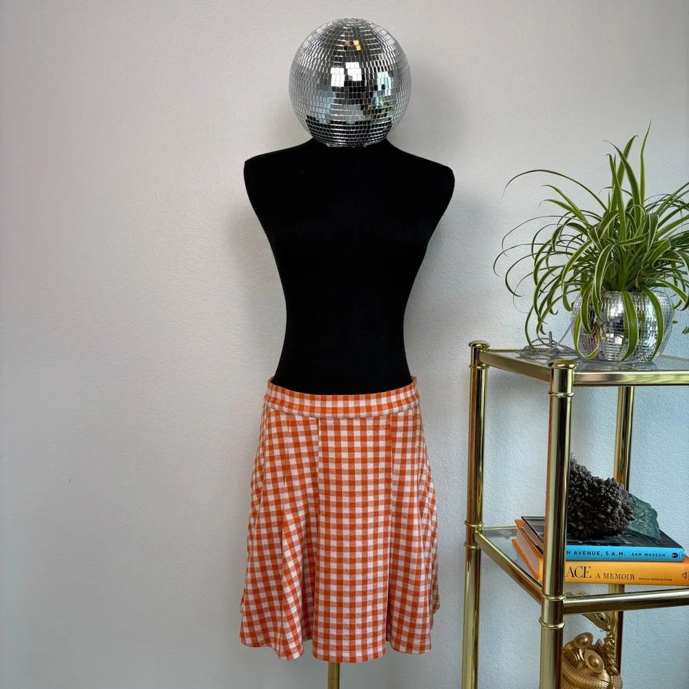 Free People Honey Pleated Mini Skirt Orange Gingham Size 10, Preppy, School girl